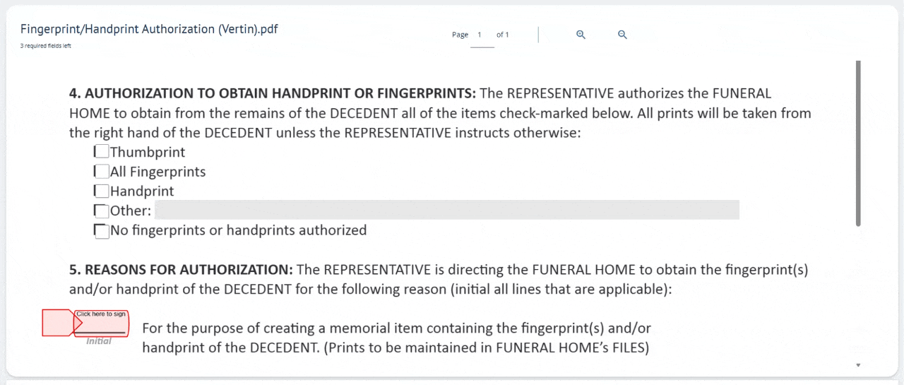 GIF showing a box checked and 2 initials added to the electronic signing wizard