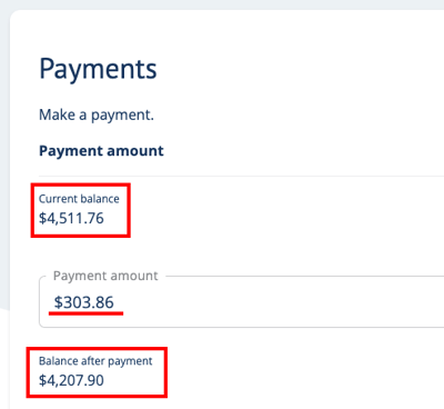 current balance and balance after payment