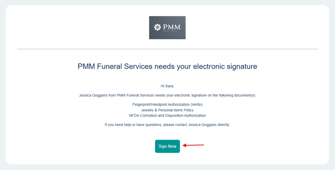 Email requesting electronic signatures with a teal "Sign Now" button