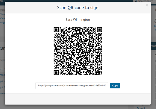 Modal showing a QR code and a custom Planning Center link