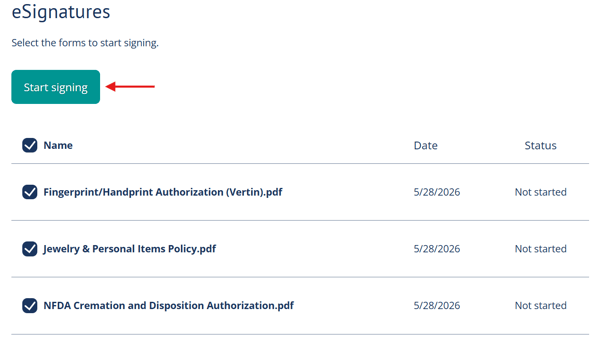 Planning Center showing a teal Start signing button above 3 document titles
